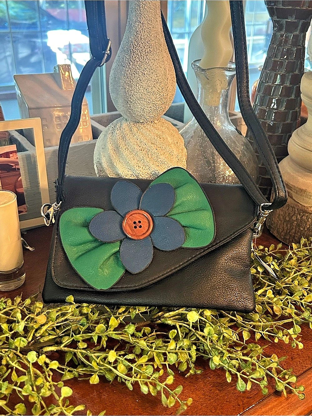 SAX Floral Appliqué Crossbody Bag in Black & Green